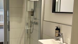 a bathroom with a shower and a sink at Heimatblick Fulda in Fulda