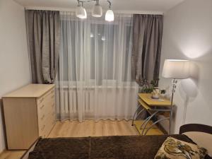 una camera da letto con un letto, una scrivania e una finestra di Cozy Žemaitės gatvė a Telšiai