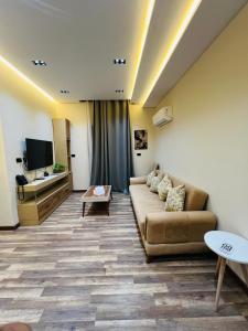 卢克索Farida Palace Hotel的客厅里有一张沙发和一台电视