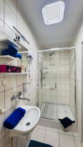 隆代克-兹德鲁伊Villa Veronika的带玻璃淋浴和水槽的浴室