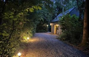 GeesbrugBosvilla Berk met een Jacuzzi的夜里，路边一栋房子亮着两盏灯。