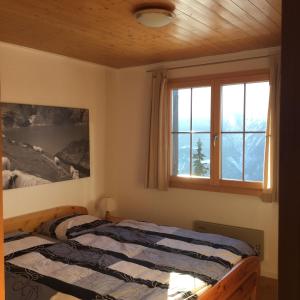 Schlafzimmer mit einem Bett und einem Fenster in der Unterkunft Chalet Foresta OG in Bettmeralp