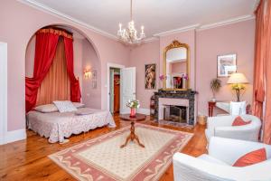 Un dormitorio con una cama y una chimenea. en Château du pegulier location intégrale, en Montaut-de-Crieux 31 fotos más