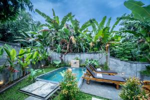 ギャニャールにあるOemah Ubud - Waterfallの裏庭(プール、ベンチ、木付)