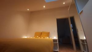 una camera da letto con un letto con luci di Le sommet virtonnais appartement 4 p sous les etoiles au coeur de la gaume a Virton Altre 5 foto