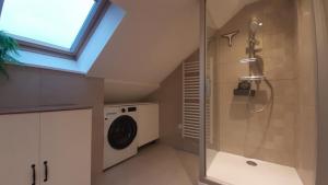 un bagno con doccia e lavatrice di Le sommet virtonnais appartement 4 p sous les etoiles au coeur de la gaume a Virton