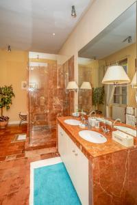 un baño con dos lavabos y una ducha en Château du pegulier location intégrale, en Montaut-de-Crieux