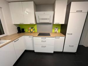 een keuken met witte kasten en een spoelbak bij FlexStay Room 10 in Karlsruhe