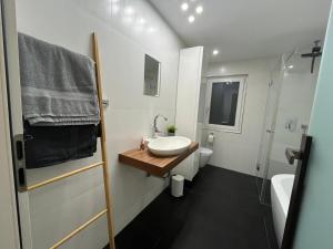een badkamer met een wastafel, een toilet en een douche bij FlexStay Room 10 in Karlsruhe