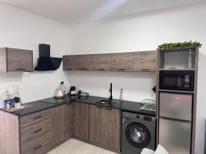a kitchen with a washing machine and a washer and dryer at Suite Sky and Sea in Flic-en-Flac