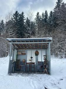 een klein schuurtje met een tafel en stoelen in de sneeuw bij Cabana LoSt Ventoc in Vulcan