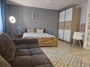 a living room with a bed and a couch at Petrosani Central ApartHotel in Petroşani