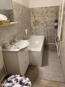 ein Badezimmer mit Waschbecken, Badewanne und Toilette in der Unterkunft Lemora Apartments 2 in Focşani