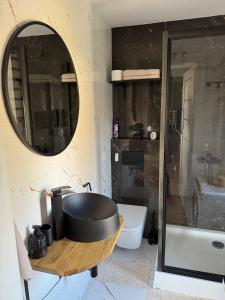 a bathroom with a tub and a sink and a mirror at Studio szczawienko in Wałbrzych