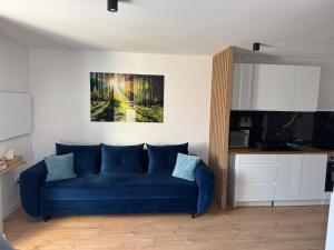 a blue couch sitting in a living room at Studio szczawienko in Wałbrzych