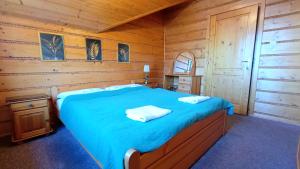 ヴィスワにあるWiślany Rajの木製キャビン内のベッドルーム1室(青いベッド1台付)