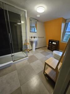 a bathroom with a shower and a toilet and a sink at Hill House in Bath