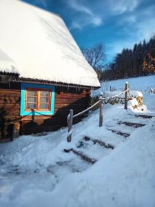 una baita di tronchi con tetto ricoperto di neve di Stodoła Głębuczek 