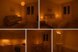 four pictures of a room with a bed and a table at Dion Luxury Apartaments in Gjilan