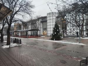 a street with a christmas tree and a building at Near Passage in Jelgava