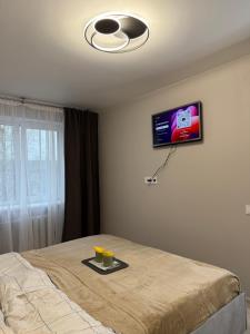 a bedroom with a bed with a tv on the wall at Near Passage in Jelgava