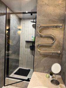 a bathroom with a shower with a toilet and a sink at Near Passage in Jelgava +48 photos