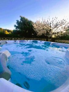 a large pool of blue water with trees in the background at Villa Spiti Ute in Makrádes