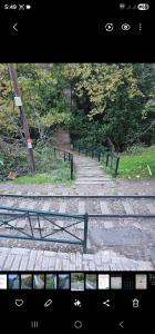 a view of a path with a fence and trees at Chalet Zachlorou in Kalavrita +2 photos