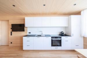 a kitchen with white cabinets and a sink at NEU ausZEIT985 - auszeit mit ausblick in Schwarzenberg
