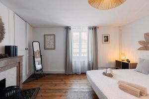 a living room with a bed and a fireplace at Appartement 2 chambres hypercentre in Bourg-en-Bresse