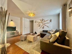 a living room with a couch and a tv at Appartement 2 chambres hypercentre in Bourg-en-Bresse