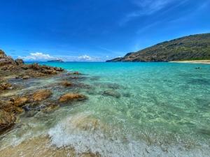 Grande SalineLodge Kaz à sucre, ideal for a romantic getaway的一片蓝水、岩石和山脉的海滩