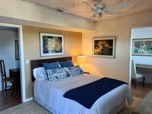 ein Schlafzimmer mit einem Bett mit blauen Kissen und einer Decke in der Unterkunft Canyon Lake House with Lake View in Canyon Lake