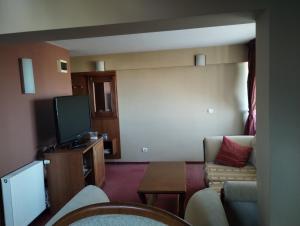 a living room with a couch and a tv at hotel Sofia in Bansko