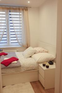 a small bedroom with a bed and a window at Apartament Nowa in Jarocin