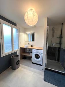 a bathroom with a washing machine and a sink at Charmant duplex Audenge in Audenge