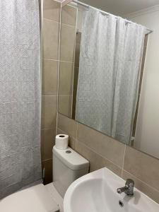 un bagno con un water, un lavandino e uno specchio di Hospedaje curauma a Lago Peñuelas