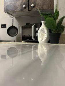 un jarrón blanco sentado en un mostrador con una planta en Quiet & Fully Equipped Private Room, New Cairo, en New cairo