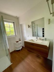 un bagno con lavandino e specchio di La chaumière confort et charme Normand a Saint-Pierre-le-Vieux
