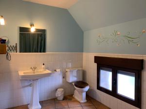 a bathroom with a sink and a toilet and a mirror at Vista Bella Segovia in Tizneros +31 photos