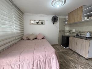 a bedroom with a pink bed and a kitchen at Acogedor studio frente al parque - Cerca de todo in Floridablanca +10 photos