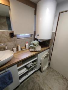 a bathroom with a sink and a washing machine at Mókuslak Mátra in Mátraszentimre +28 photos
