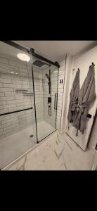 梅戈格Au p'tit cocon sur le lac的带玻璃门淋浴间的浴室