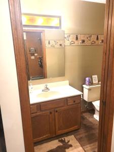 a bathroom with a sink and a mirror and a toilet at New! Crystal Pines - Lovely Crystal Mountain Cabin in Thompsonville +42 photos