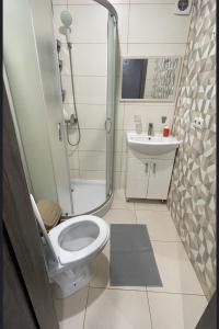 a bathroom with a shower and a toilet and a sink at Family2 in Mukacheve