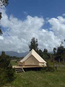 a large tan tent in a field of grass at Glamping Peumayen carpintero in Llanquihue
