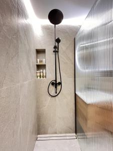 a bathroom with a shower with a glass door at Tėčio ir Dukters pajūrio apartamentai - Šventojoje in Palanga