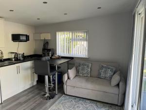 ein Wohnzimmer mit Sofa und eine Küche in der Unterkunft Independent garden studio - sleeps max 3. in Derby + 14 Fotos