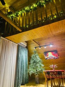 Habitación con mesa y árbol de Navidad en Mountain Shadow Cottage in Racha, en Ghebi