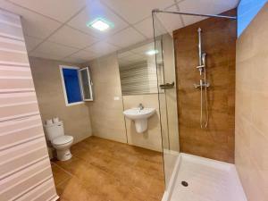a bathroom with a shower and a toilet and a sink at Barocco Rooms Hostel in Alicante